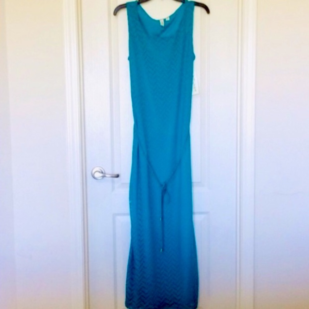 Tacera teal color chevron net sleeveless maxi dress with belt size medium